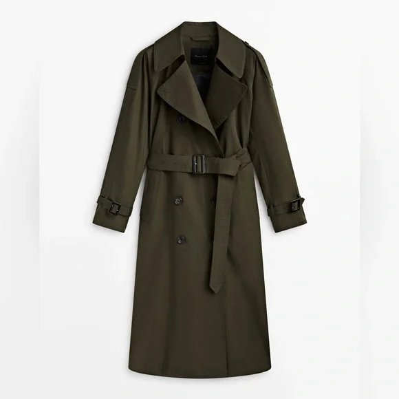 Massimo Dutti Women’s Olive Green Relaxed Fit Double Breasted Trench Coat Sz XS - Picture 3 of 15